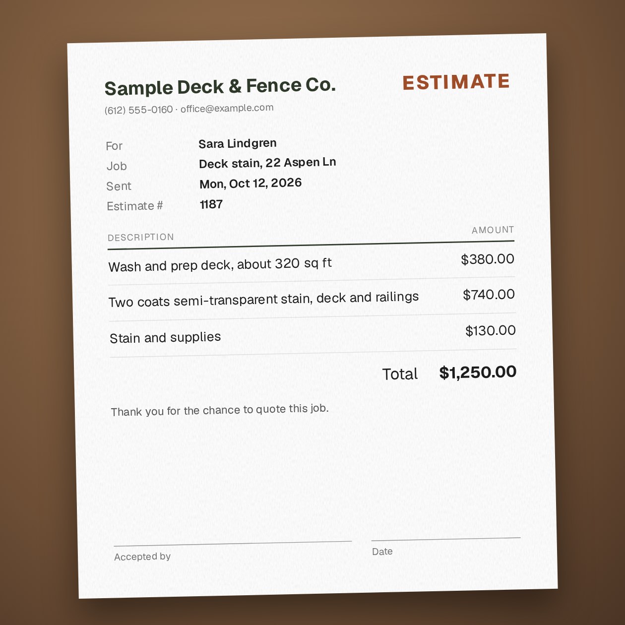What you send: The customer, the job, the amount, the date you sent it, and any reply so far.