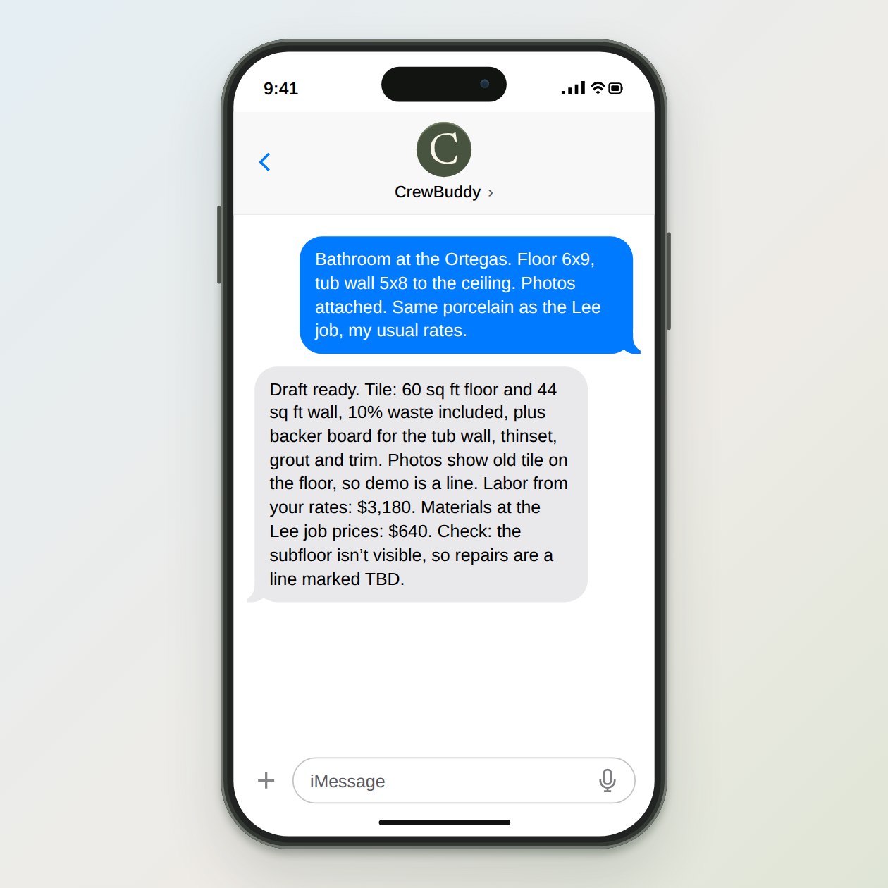 What you get: A materials list with quantities and a waste allowance, an estimate draft with labor and materials lines from your rates, and a list of what the photos could not show.