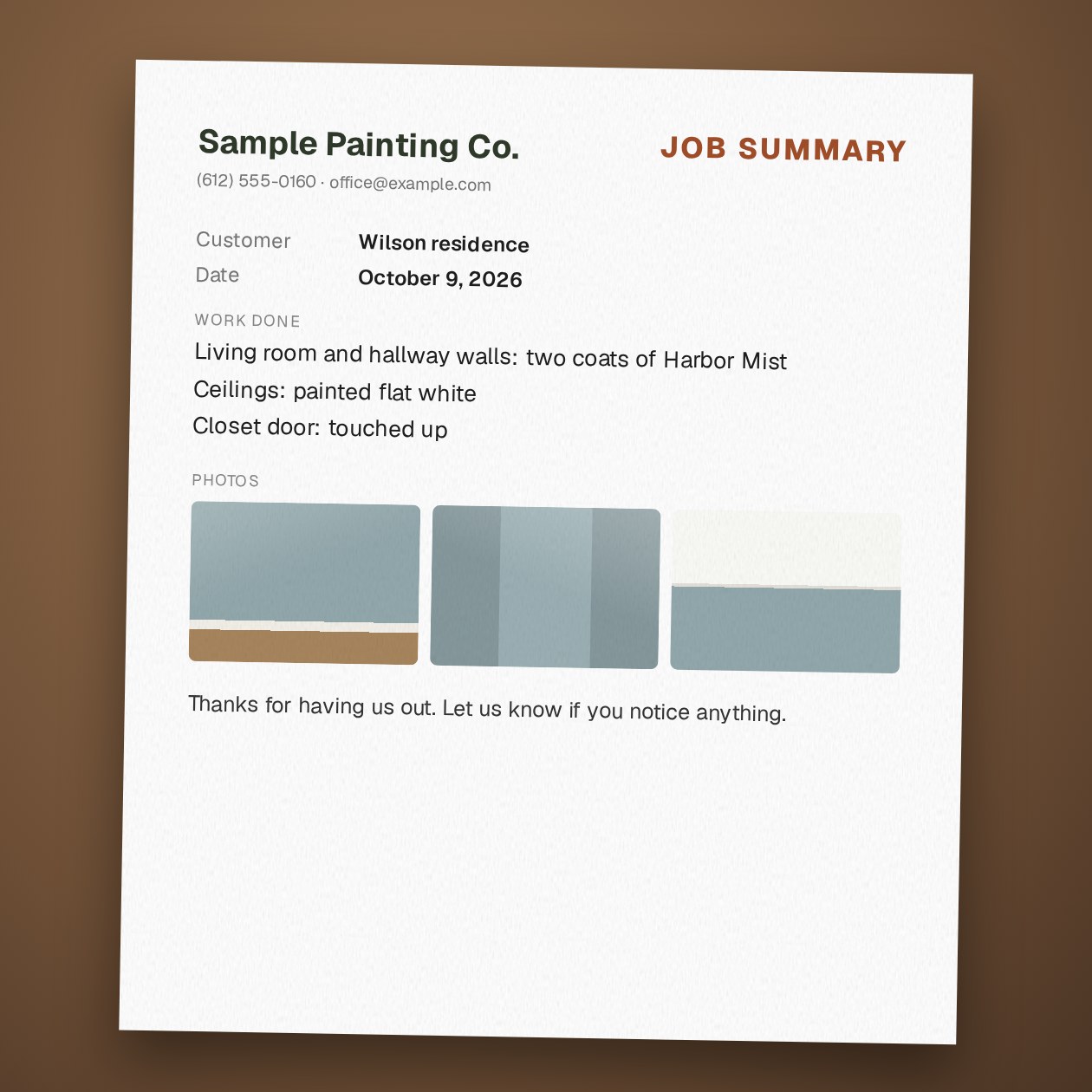 What you get: A customer summary, a separate private record, a PDF if you want one, and a list of details to check.