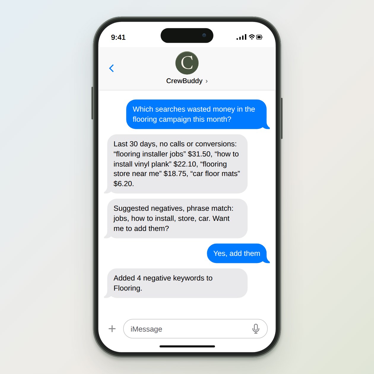 What you get: A short list of the most expensive search terms with no calls or conversions, suggested negative keywords with the match type, and a count once they are added.