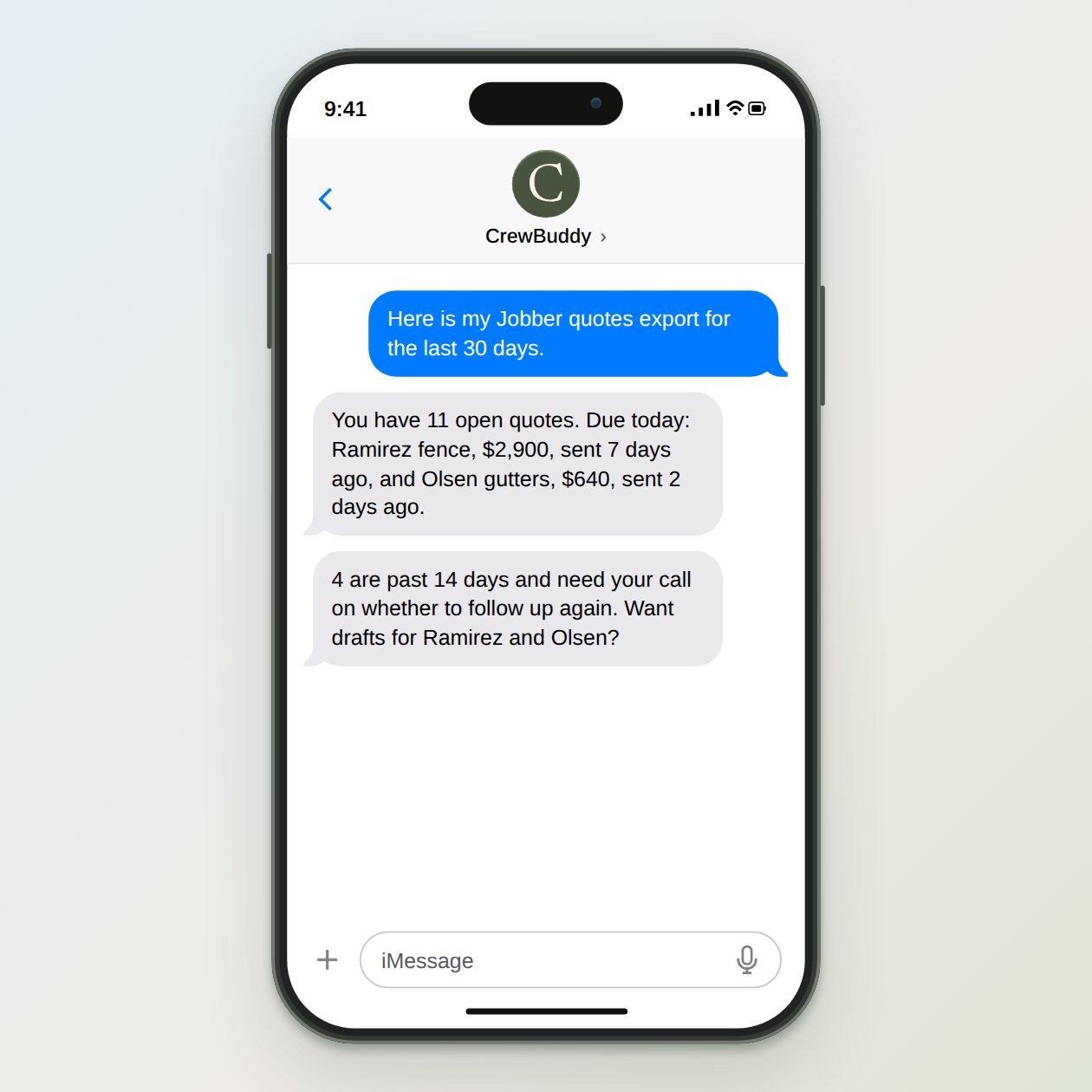 What you get: A list of open quotes sorted by age, with the next check-in due for each, and drafts for the ones due today.