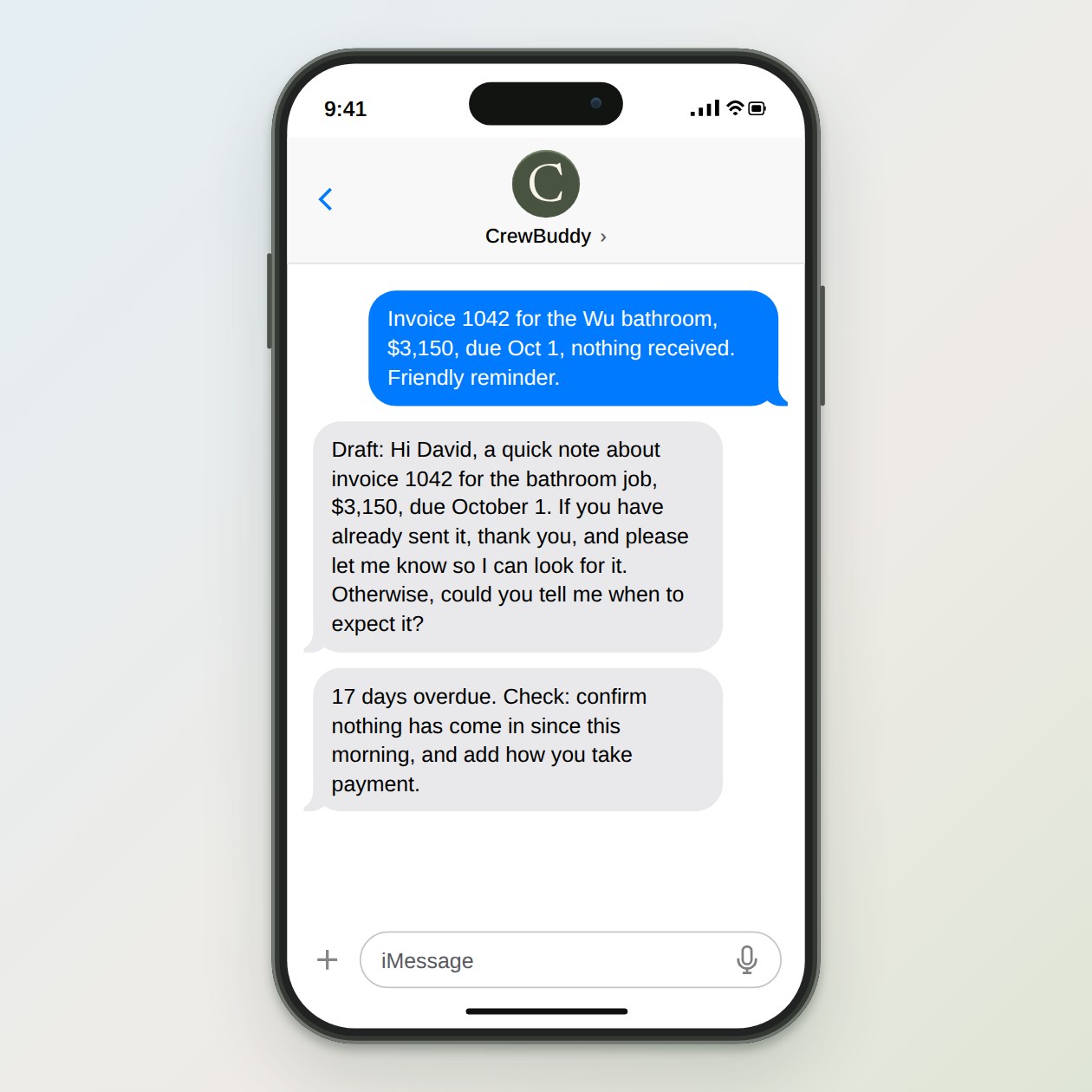 What you get: A reminder draft in a friendly, firmer or final tone, the number of days overdue, and a line on your private list of open invoices.