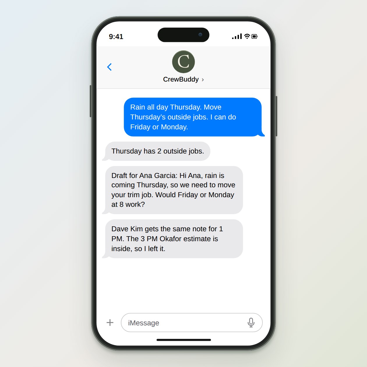 What you get: One short text per outside job with the reason and your two options, a note on any job it could not tell was inside or outside, and a list of who still needs to answer.