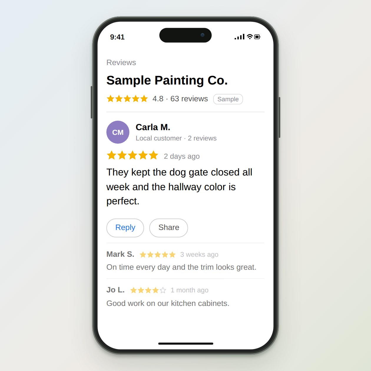 What you send: A screenshot of the review, or the text and star rating pasted in, plus the business name you post under.