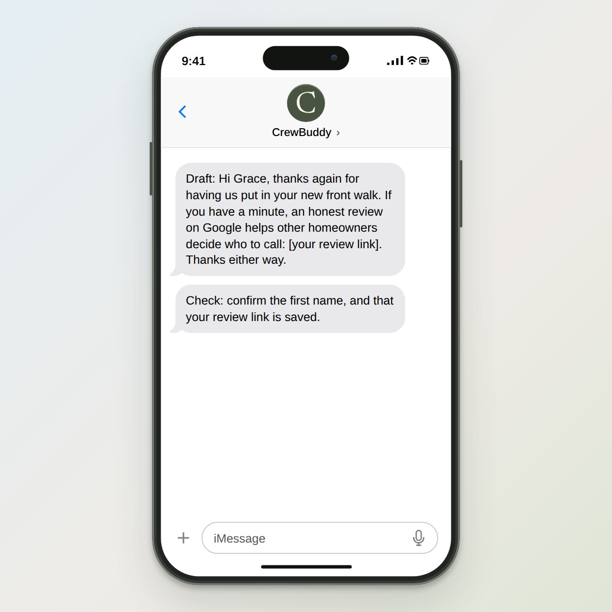 What you get: A two or three sentence review request in your voice, with your review link, and a reminder to you if you want one.