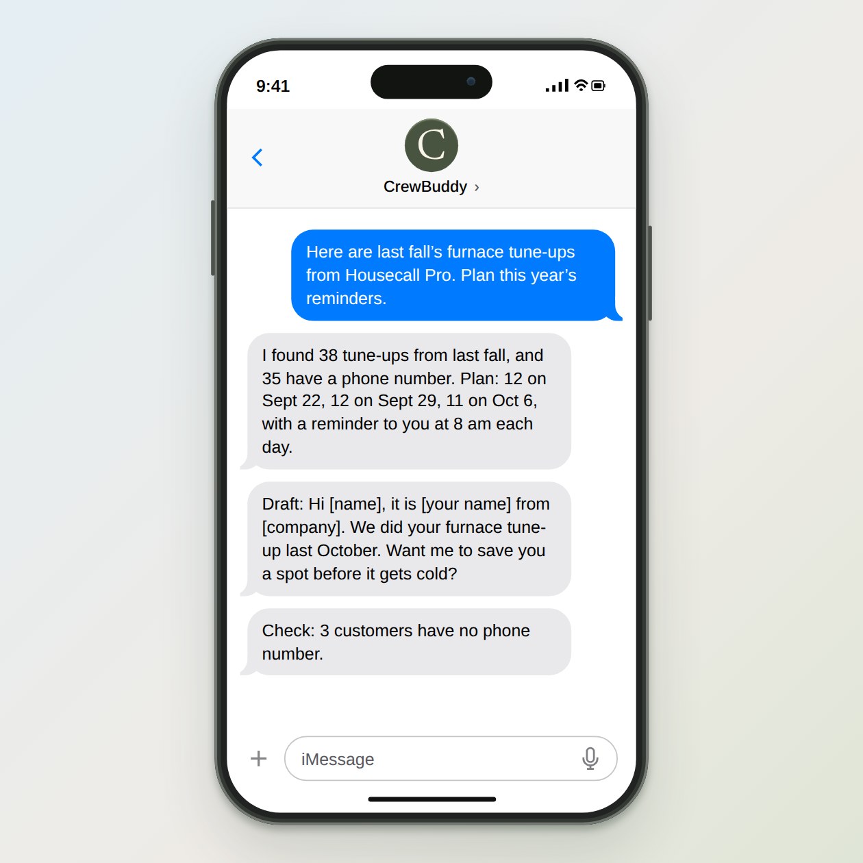 What you get: A list of customers to contact, grouped into small batches with send dates, a reminder to you for each batch, and a draft for each person.