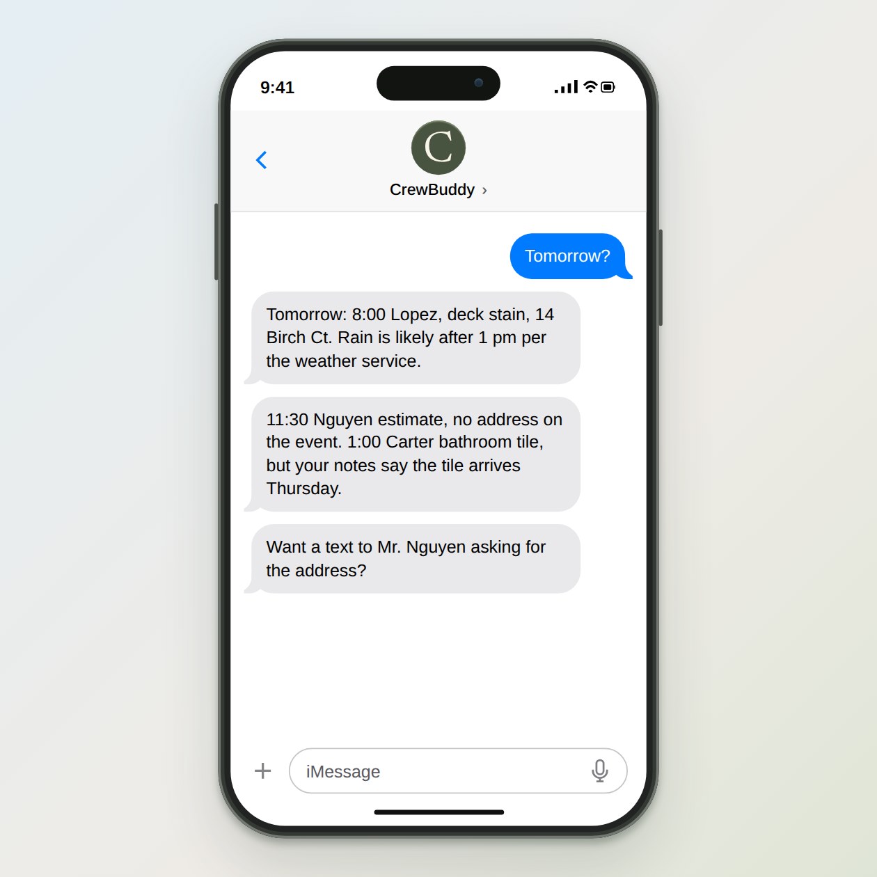 What you get: A short reply that lists tomorrow’s jobs in order with anything missing or in conflict, the forecast for outside work with its source, and confirmation texts for customers if you want them.