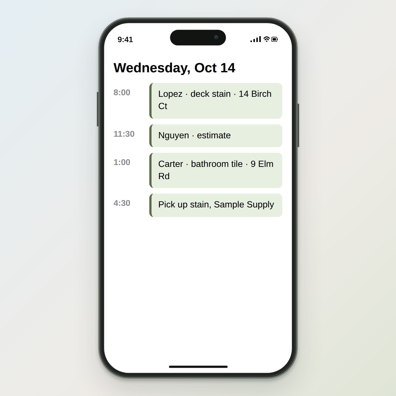 What you send: Your calendar’s private link, once, on your private setup page. Then any notes about materials or crews for the jobs you want checked.