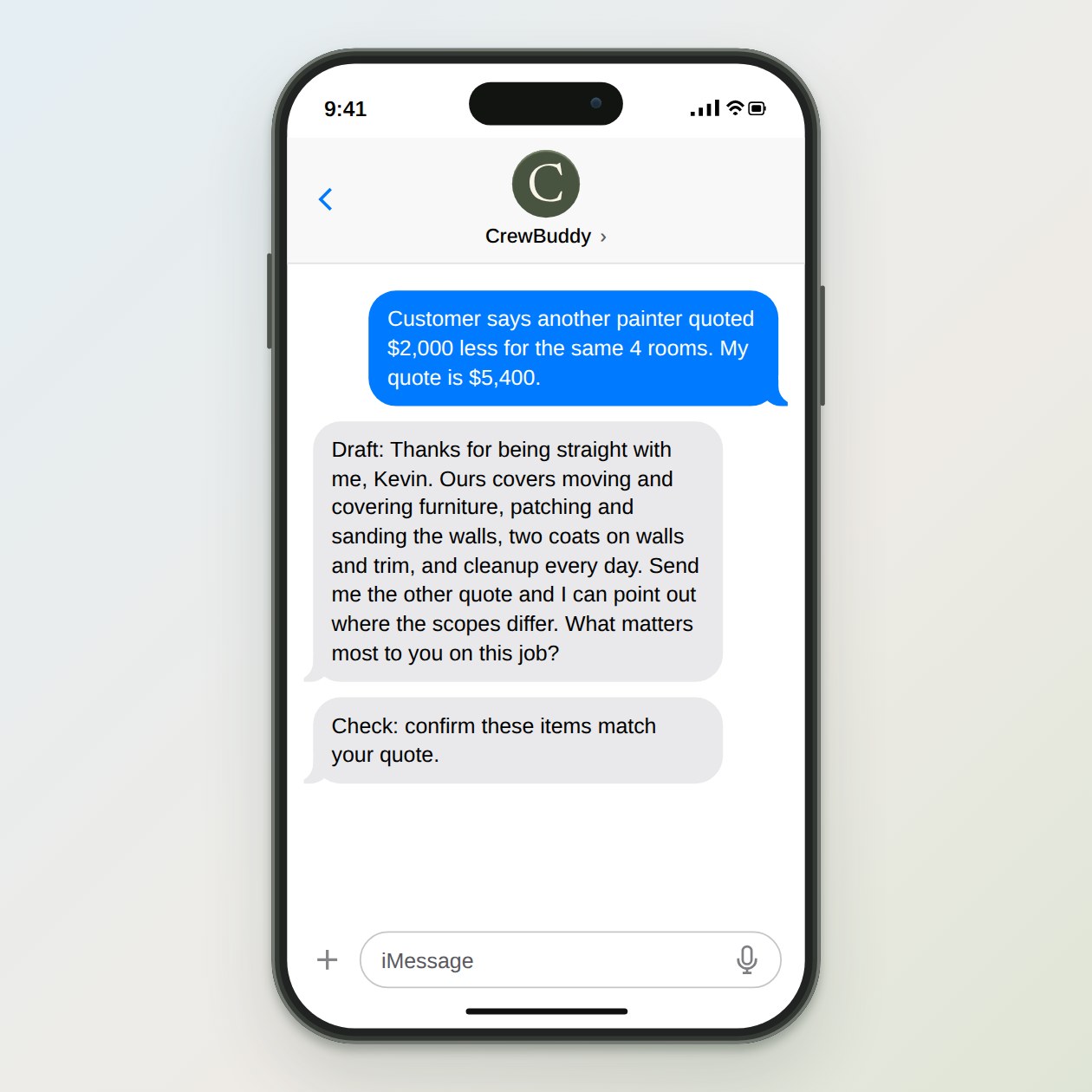 What you get: A reply that lists what your quote includes, offers to compare scopes, and asks one question about what matters most to them.