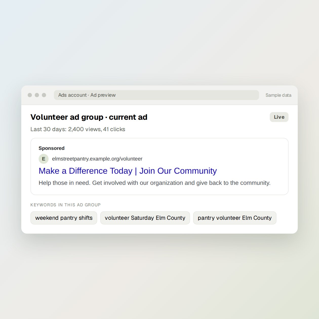 What you send: Name the ad group, or ask Grantkeeper to start with the one that has the most views and fewest clicks.