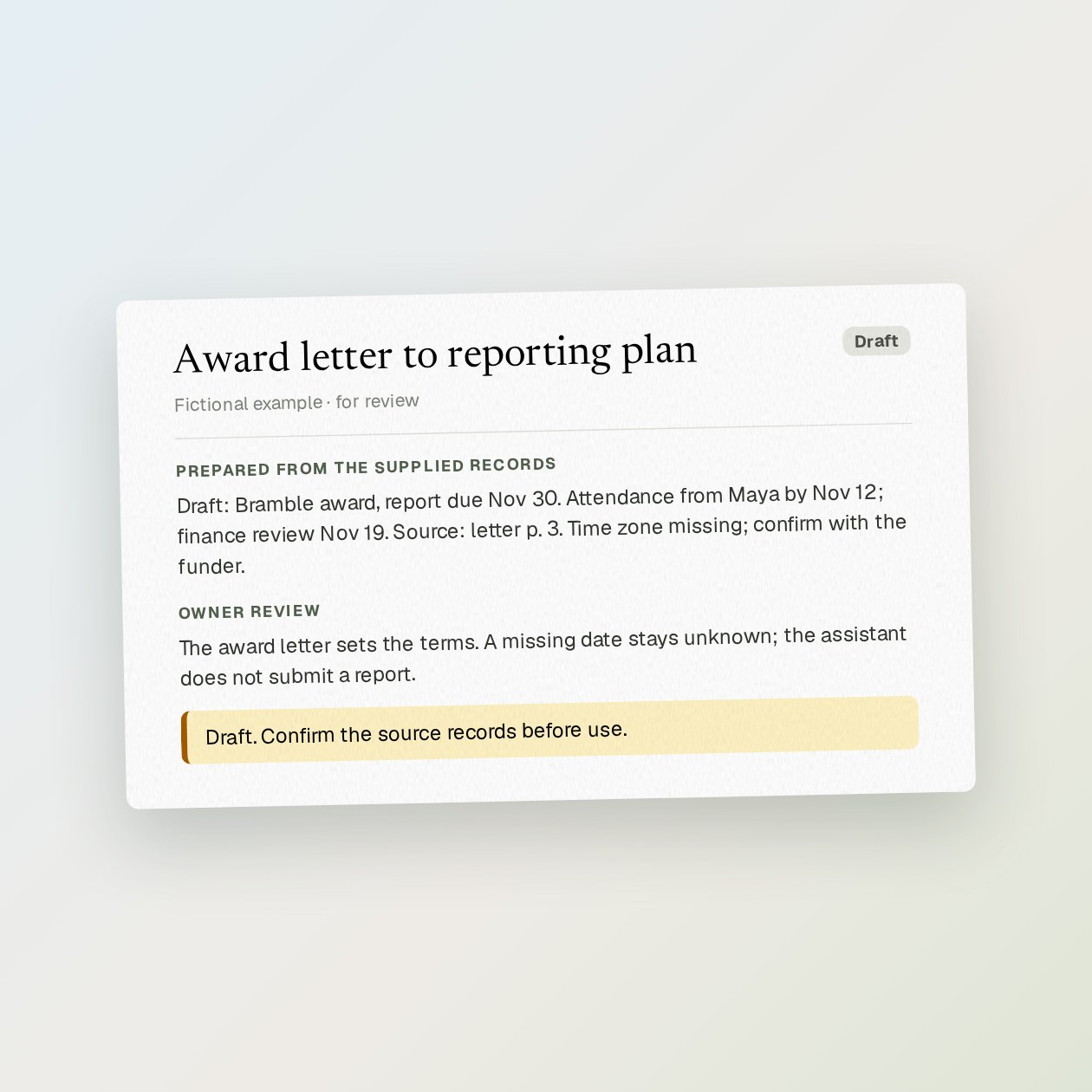 What you get: A draft plan with each deliverable, source page, due date, owner blank and internal review date.