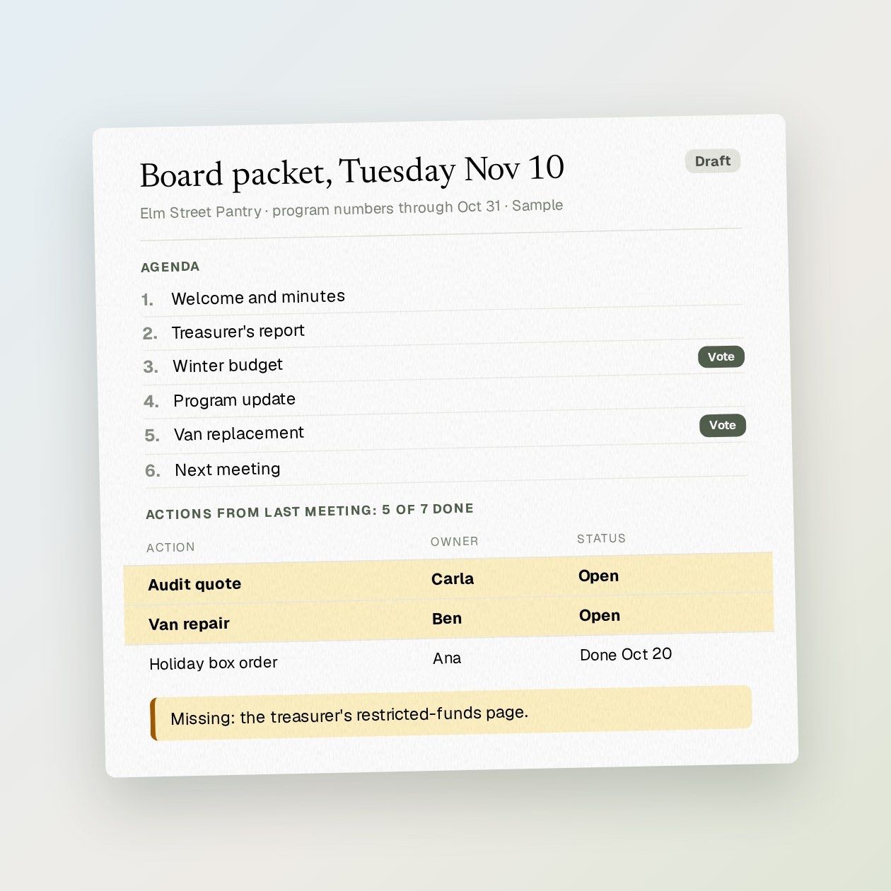 What you get: A draft agenda, an action table with owners and status, a director's narrative, a decision list and labelled attachments.