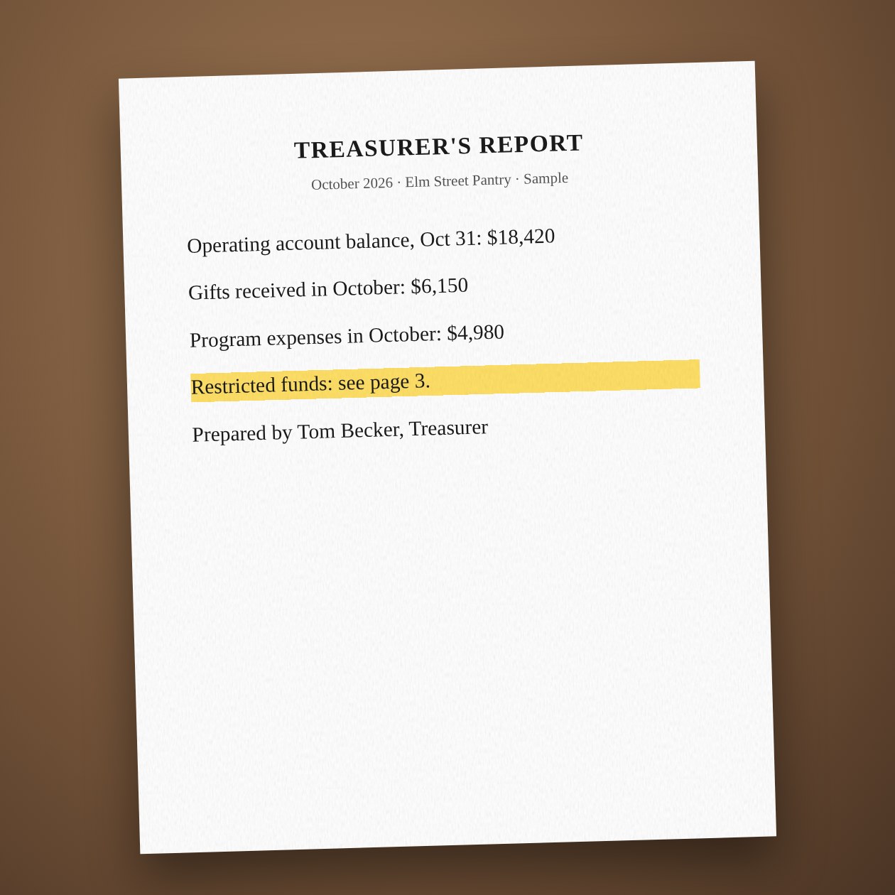 What you send: Last meeting's minutes and actions, the treasurer's reports, giving and program reports, and any decision papers.