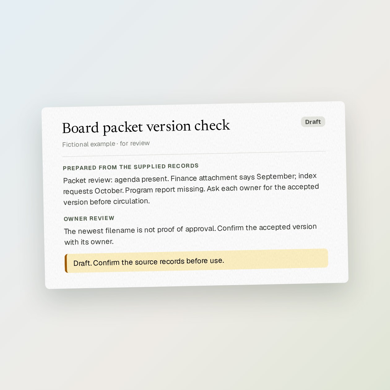 What you get: A packet index with file dates, missing attachments, conflicting versions and a draft request to each document owner.