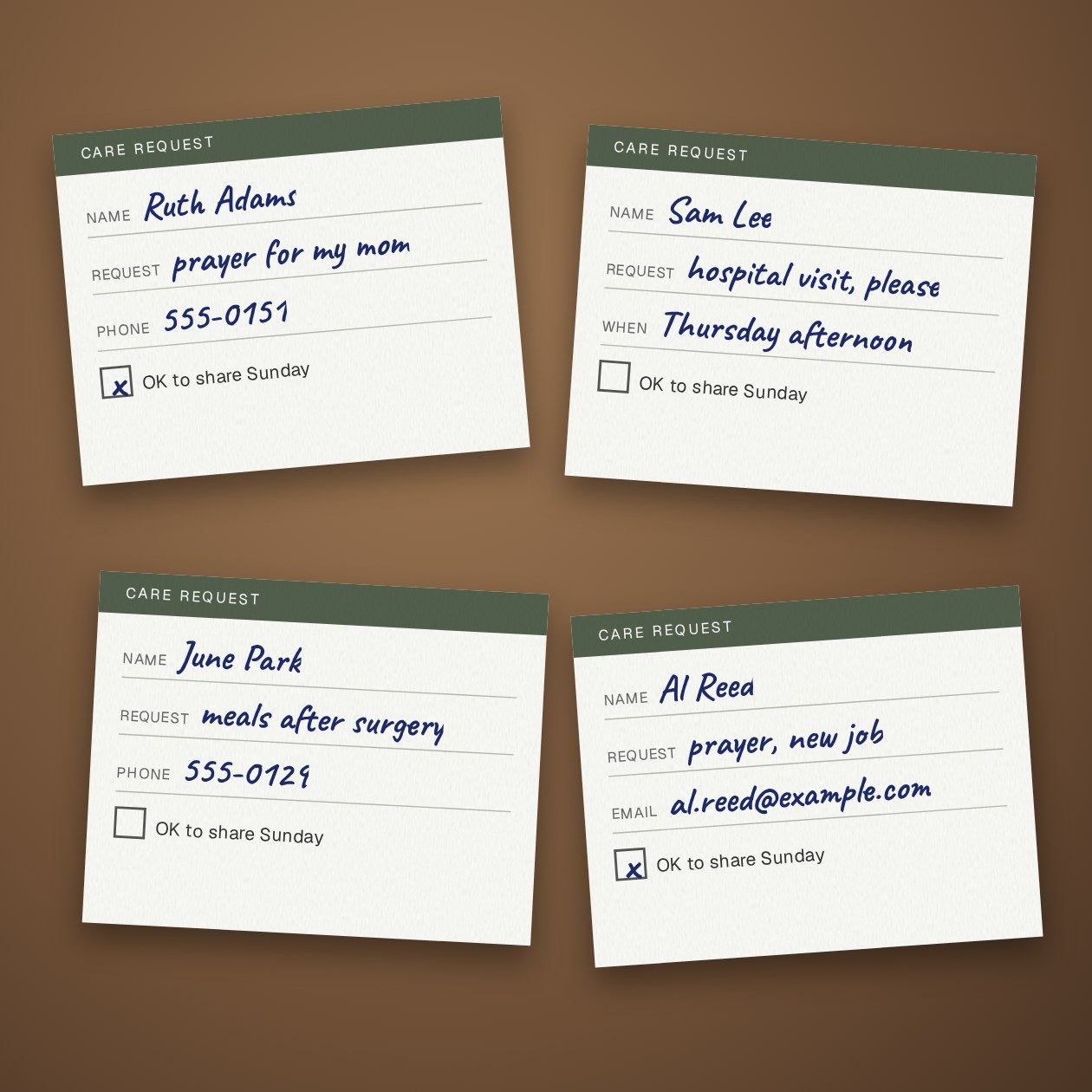 What you send: Photos of request cards, a form export or your own notes from the week.