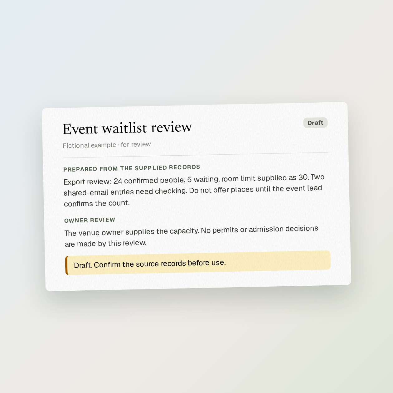 What you get: A capacity review with confirmed registrations, party sizes, possible duplicates and proposed waitlist replies.