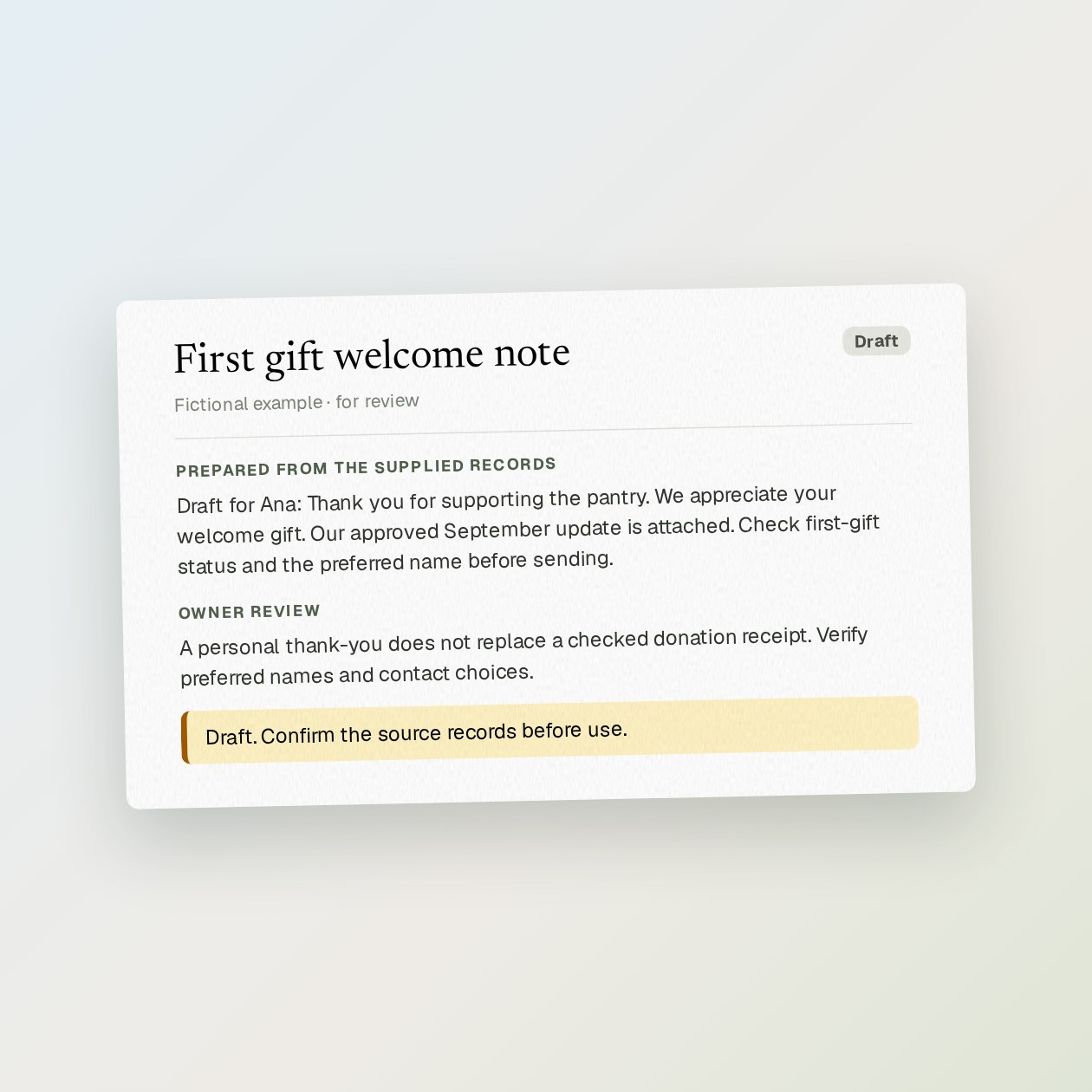 What you get: Five personal note drafts, a missing-name list and a follow-up log ready for your donor system.