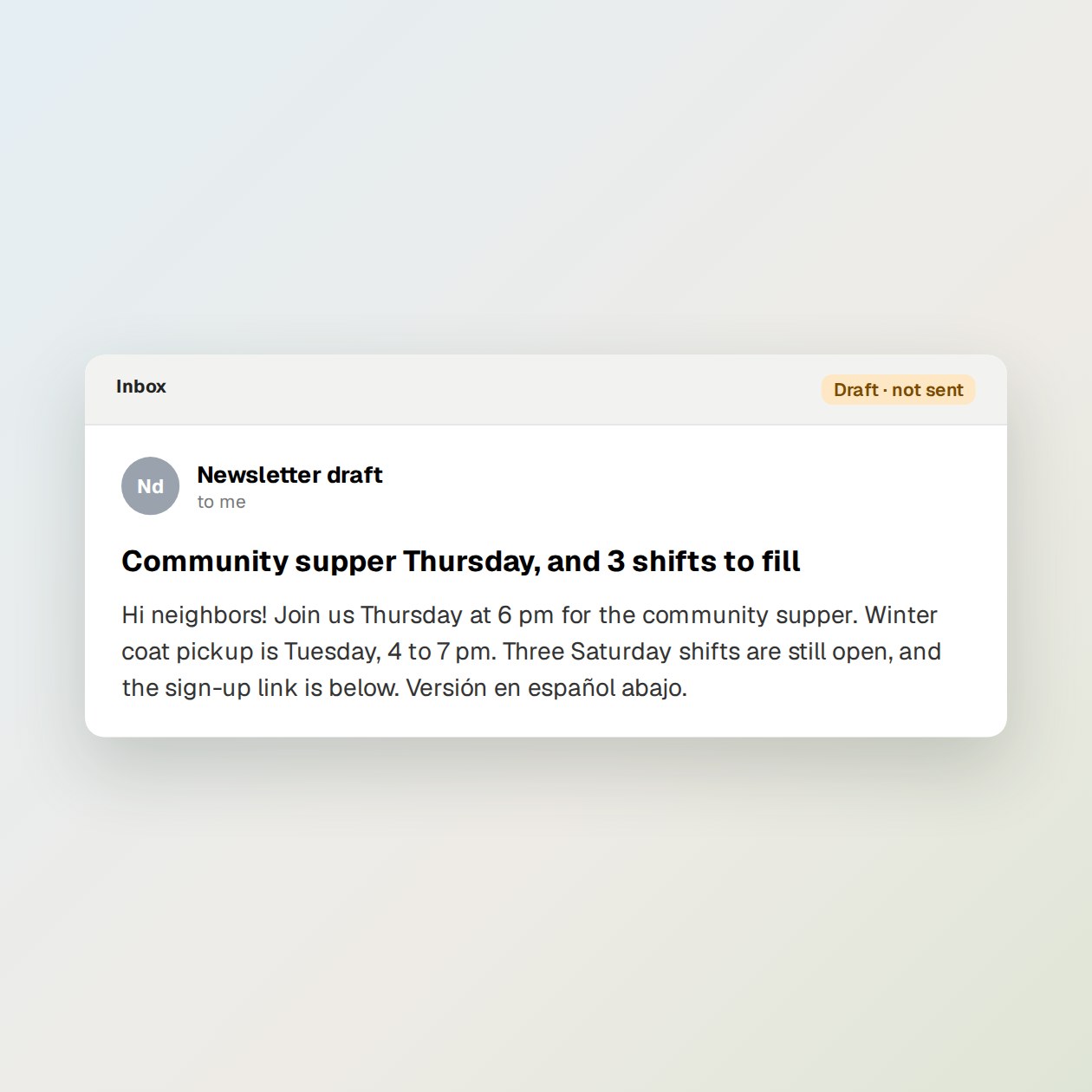 What you get: A subject line, preview text, a short body with dates and links, image alt text, and a Spanish version if you ask.