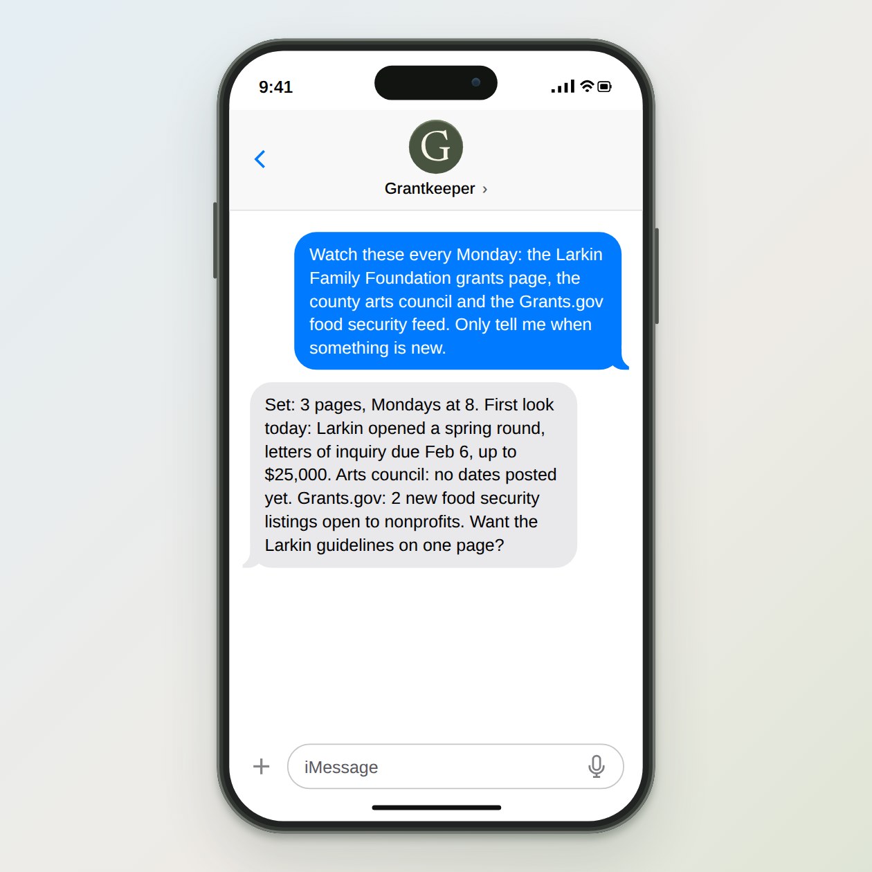 What you get: A saved list of the pages, a weekly check that texts you new rounds and deadlines with their links, and no text on weeks when nothing changed.