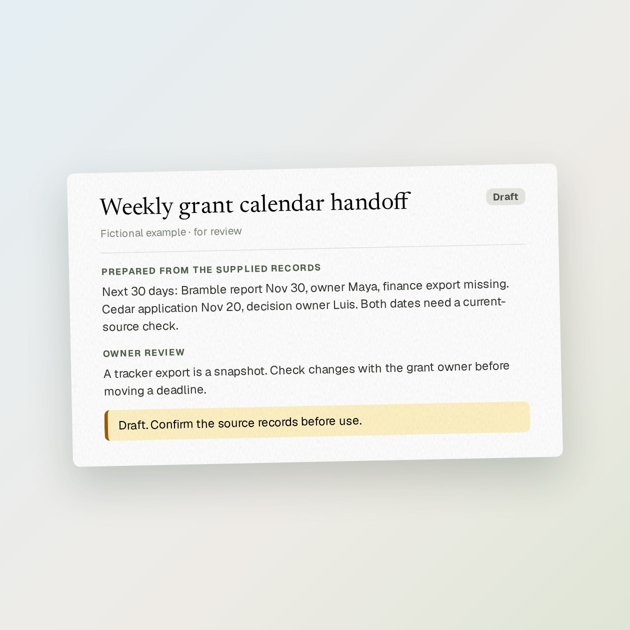 What you get: A dated handoff with upcoming reports, application decisions, missing inputs and one named next step per award.