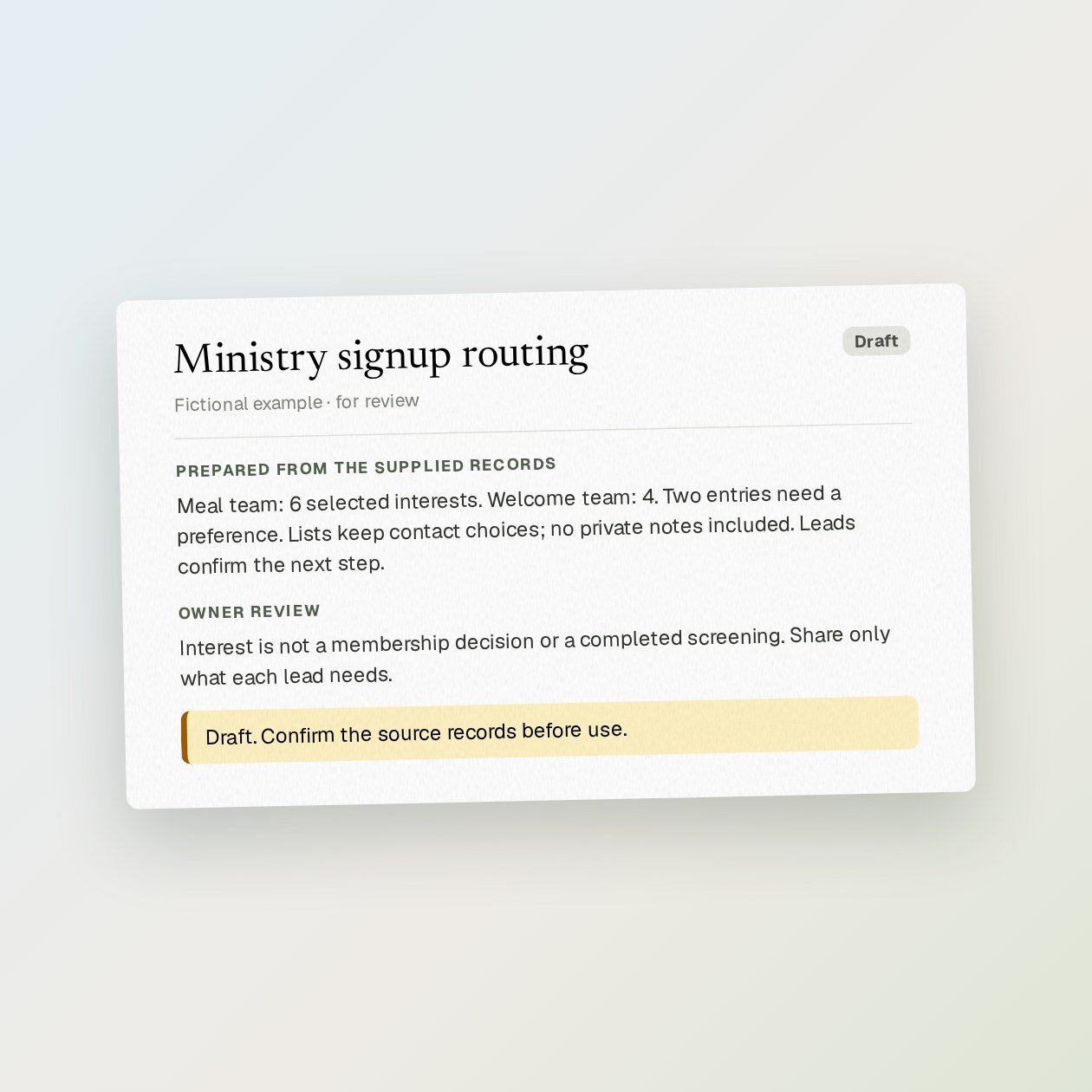 What you get: A separate interest list for each ministry lead, with contact choices and unassigned responses to review.