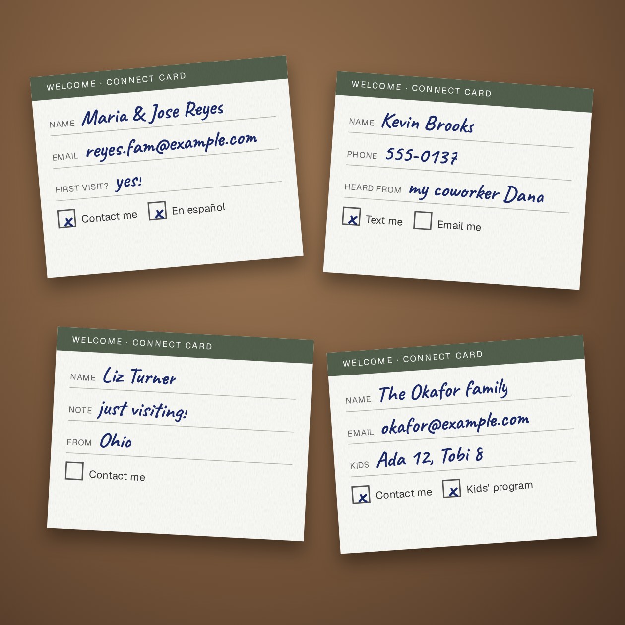 What you send: Newcomer cards, a visit form export or your church management report.