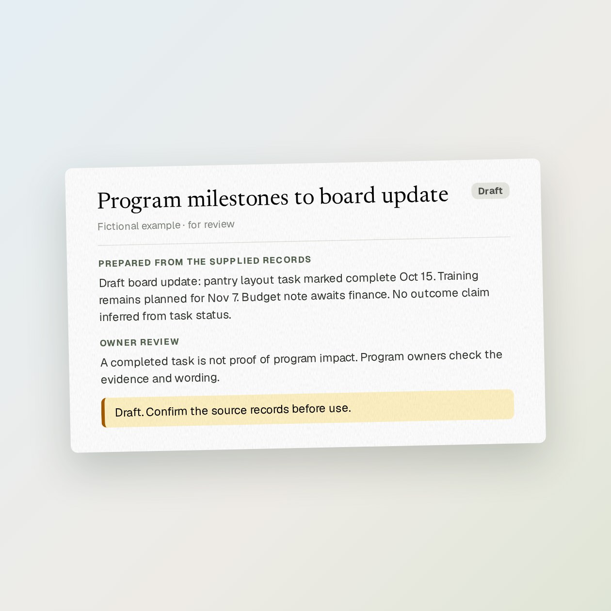 What you get: A one-page draft with dated milestones, reported delays, source tasks and questions for program leads.