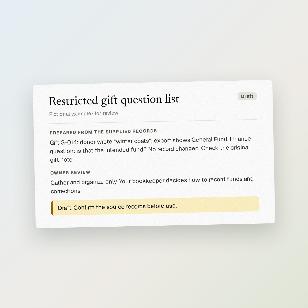 What you get: A review sheet linking gift IDs to donor wording, recorded fund names and questions about mismatches.