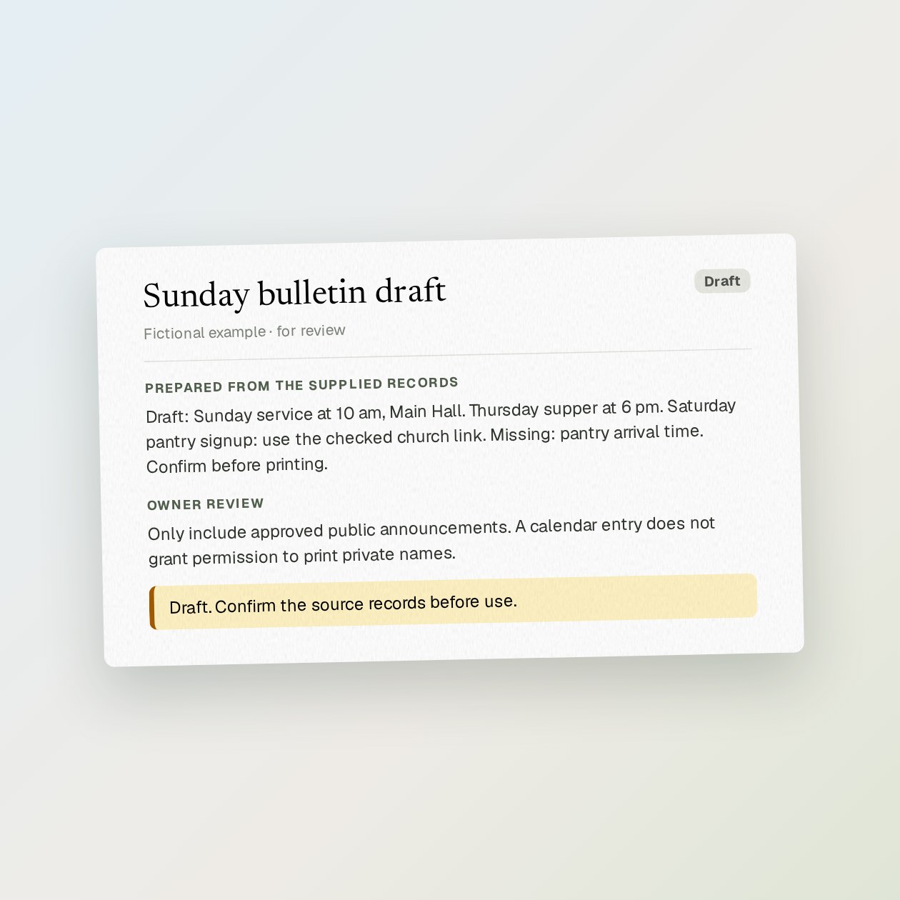What you get: A bulletin draft with service details, a short events list, signup links and a visible list of blanks.