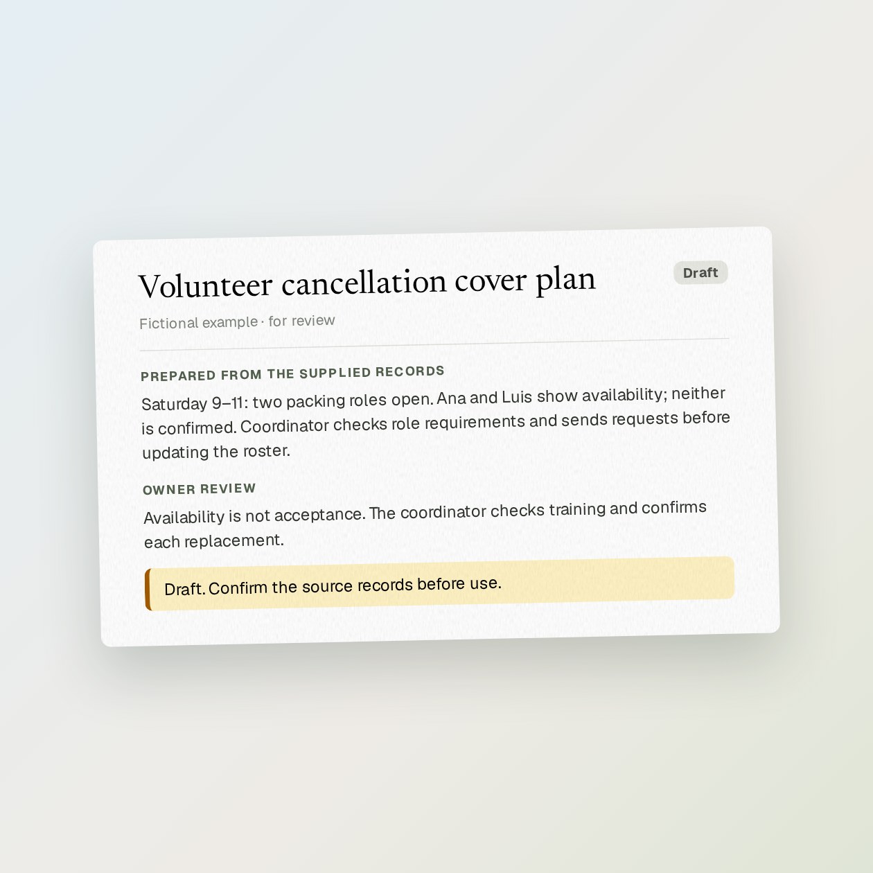 What you get: A cover plan with uncovered roles, possible replacements and individual request drafts to review.