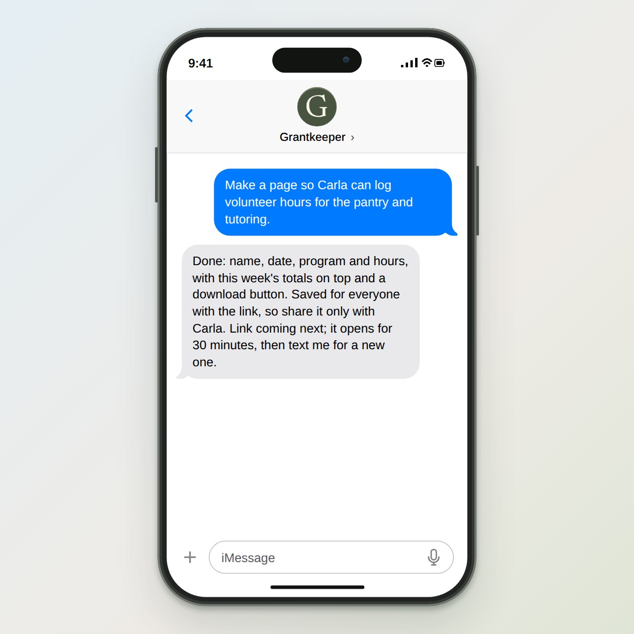 What you get: A phone page for name, date, program and hours, a button that downloads a spreadsheet, and totals by person and program whenever you ask.