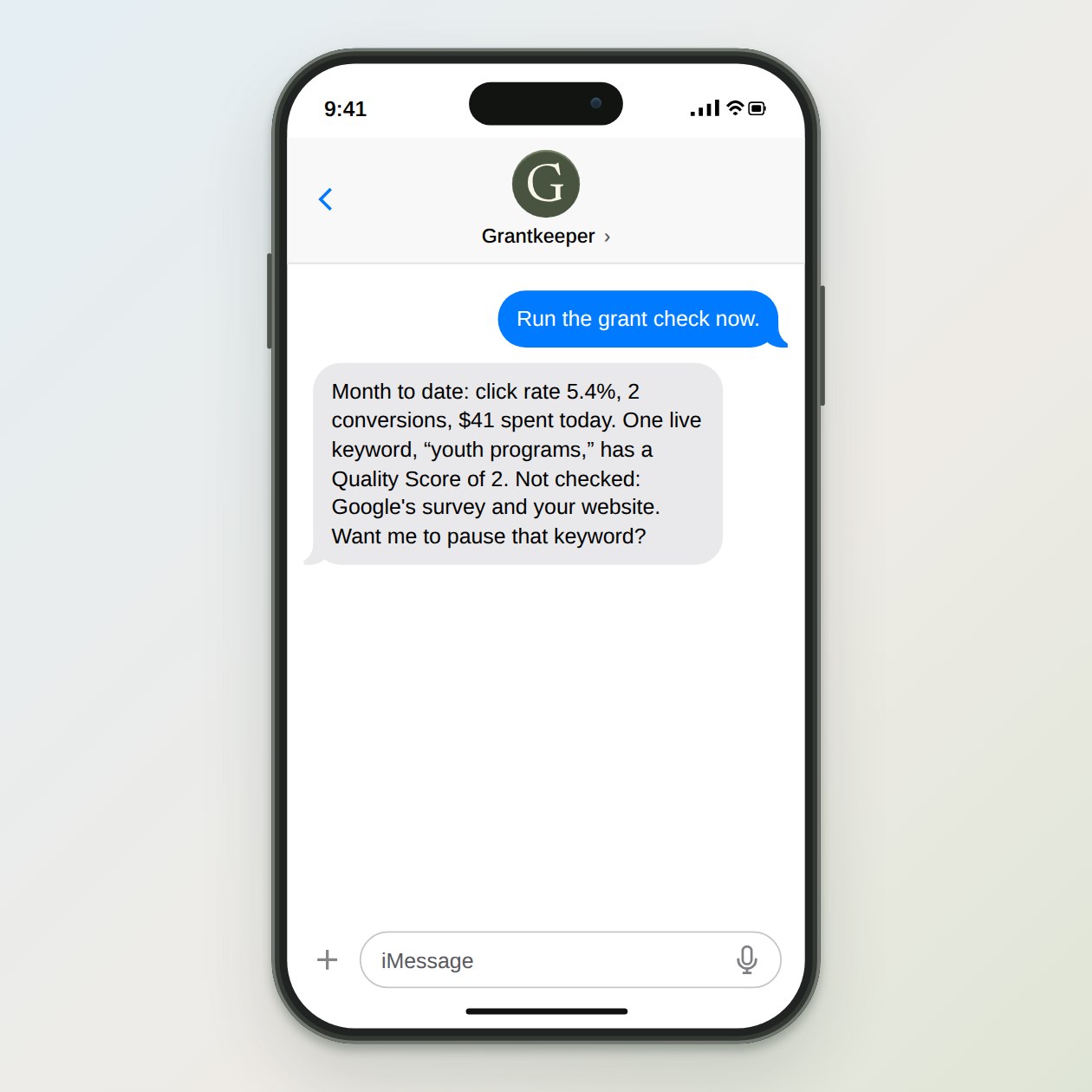 What you get: A short text with the month-to-date click rate, recorded conversions, flagged keywords and today's spend, plus what it could not check.