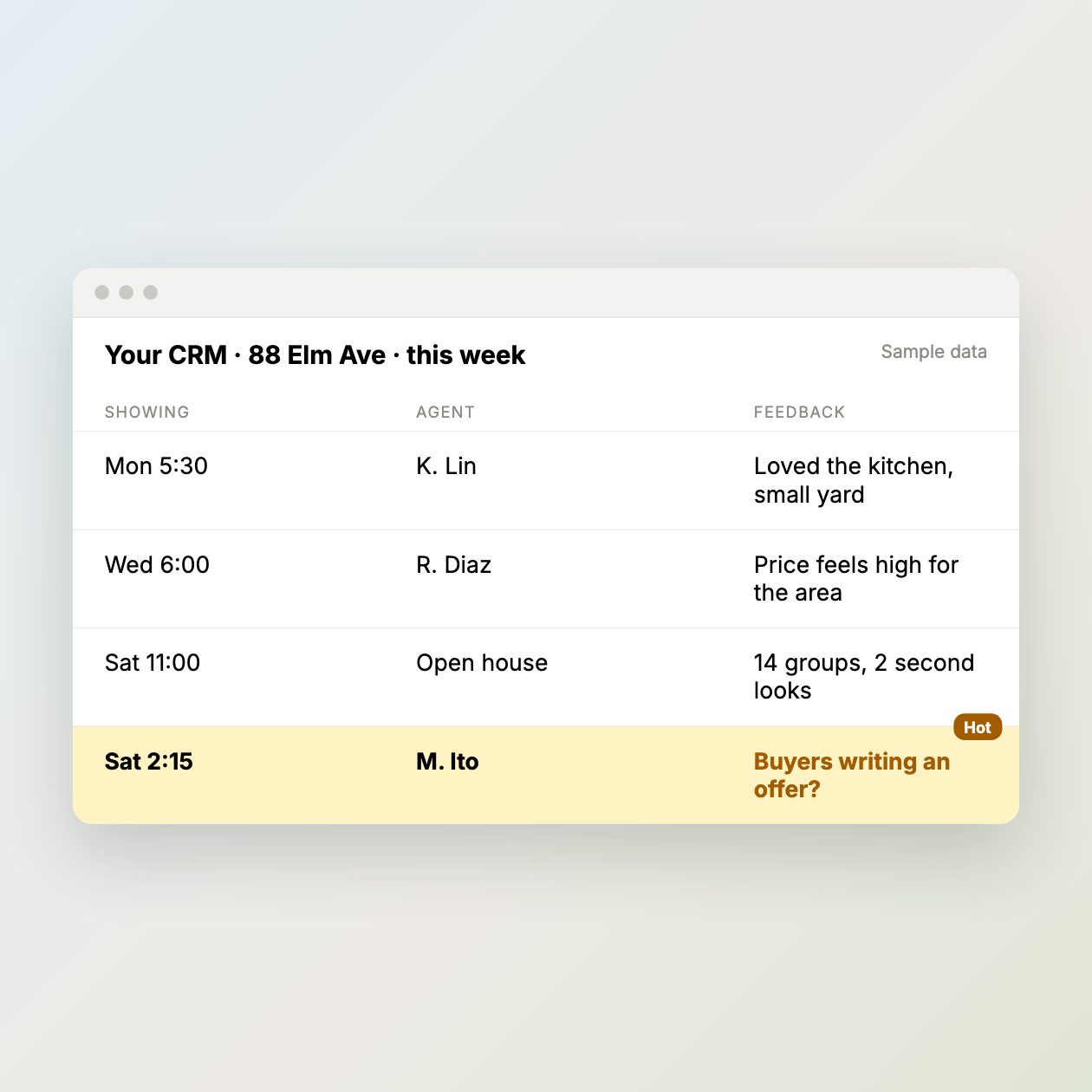 What you send: Nothing. Queva pulls the week's showings and feedback.